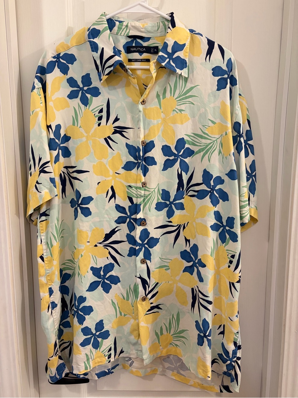 Nautica Easy Care Silk Floral Hawaiian Button Down Shirt Mens XL Yellow Blue